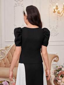 SHEIN Tween Girl Cute Faux Pearl Decor Round Neck Short Puff Sleeve T-Shirt - Black - View 2