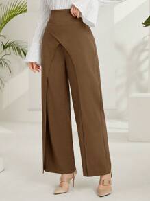 Seusyu Women's Fashionable Solid Color Elegant Asymmetrical Cut Wide Leg Pants Fall Cloth For Women - Coffee Brown - View 6