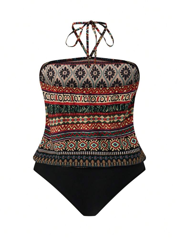 Women's Plus Size Geometric & Floral Print Halter Neck Tie Bodysuit For Summer