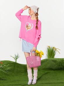 SHEINNeu Women's Printed Washed And Torn Pink Long Sleeved Hoodie - Pink - View 4