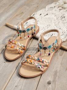 Sandalias Planas De Verano Estilo Borla Y Tejido De Cuentas, Ligeras Y Antideslizantes, Patrón Al Azar - Beis - Ver 5