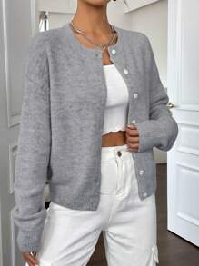 Flirla 純色時尚寬鬆長袖釦前羅紋外套 - 深灰色 - 查看 7