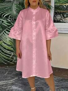 SHEIN Clasi Talla Grande Vestido De Manga Acampanada Con Cuello Alto Y unicolor - Rosa - Ver 1