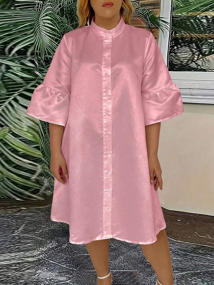 Plus Size Solid Color Stand Collar Ruffle Sleeve Dress