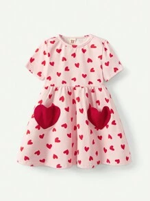Cozy Pixies Đứa bé gái Hình trái tim Màu thuần Vòng cổ Ngắn tay Eo Đầm 2 cái/bộ - Hồng - Xem 6
