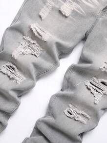 Men's Zip Fly Distressed Jeans With Pockets - Grey - View 5
