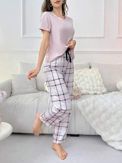 Round Neck Short Sleeve Shirt Plaid Long Pants PJ Set Pajama Set, view 3
