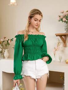 SHEIN Privé Áo sơ mi nữ dài tay có tay áo kiểu Shirred lệch vai có viền xù - màu xanh lá - Xem 6