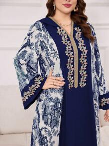 Al Najma 大码女式春夏阿拉伯植物印花连衣裙，拼接抽绳兜帽，休闲长袖超长连衣裙，卡夫坦 - 彩色 - 查看 5