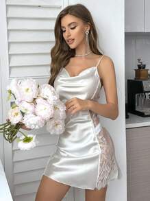 SilkySpell Lace Patchwork Satin V-Neck Women's Pajama Slip Dress With Spaghetti Straps Bridallingerie