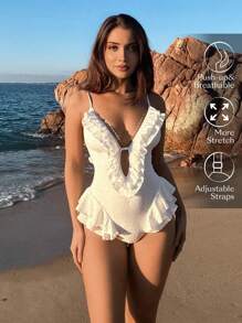 Swim Chiccia Summer Beach Ruffle Trimmed Cutout One-Piece Swimsuit With Embroidered Edge Detailing And Deep V-Neckline - White - View 1