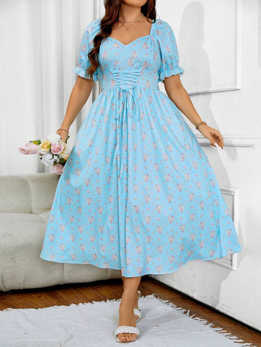 SHEIN LUNE 大尺碼女款夏季花卉印花前繫帶泡泡袖連身裙 - 淺藍色 - 查看 1