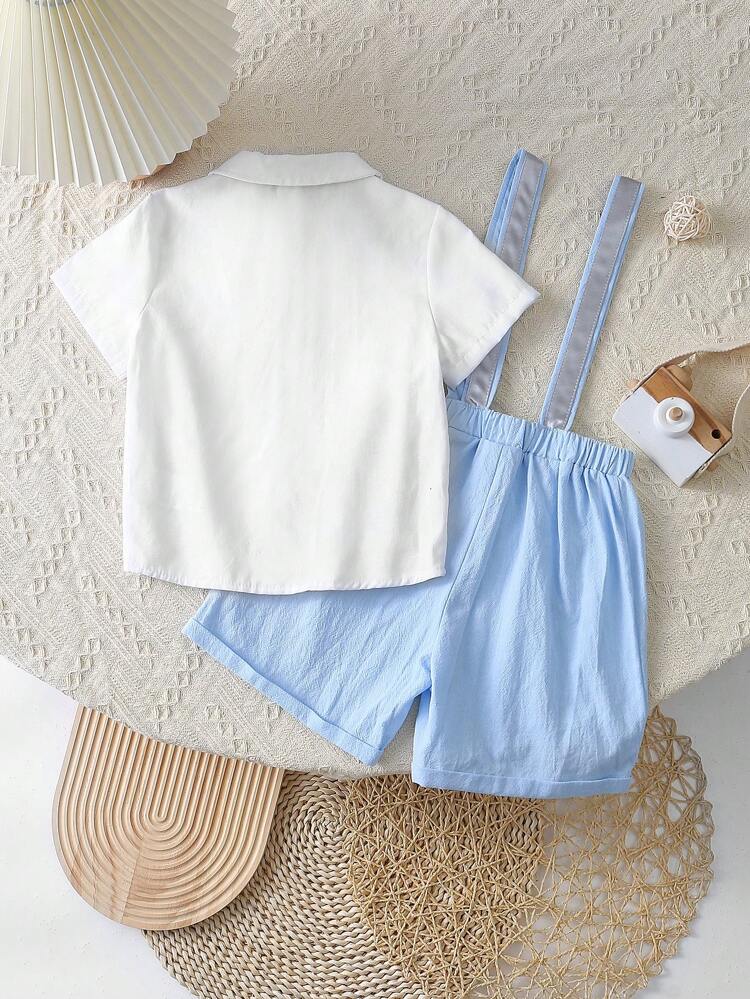 2pcs Young Boy's Elegant Formal Wear Set Including Turn-Down Collar Shirt With Bow-Tie And Suspenders Shorts