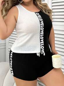 對比顏色字母提花背帶大尺碼女士背心短褲睡衣套裝運動款