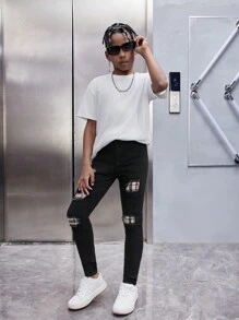 SHEIN Jeans blancos de alta elasticidad con parches y rasgaduras de moda para uso diario en verano para niños preadolescentes