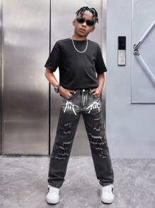 SHEIN Tween Boys' Stylish Y2K Embroidered Gradual Change Ripped Washed Loose Straight Leg Black Jeans ,For Tween Boys' Outfits - Multicolor - View 5