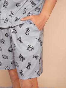 FRIENDS X SHEIN Men Cartoon Graphic Lapel Collar Lounge Set - Grey - View 7