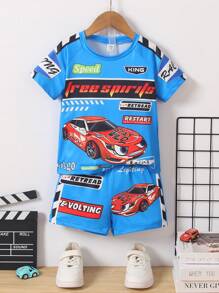 SHEIN Young Boy Cool Street Racing Print Short Sleeve Top And Casual Breathable Shorts - Blue - View 1