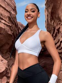 Lifespree Women's Solid Color Back Cross Strap Sports Bra - White - View 5