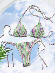 SHEIN Swim Women's Printed Halterneck Spaghetti Strap Bralette & Tie Side Bikini Set Bottom Two Pieces Bikini Set Summer Beach - Green - View 1