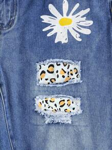 Vaqueros Rasgados Con Estampado De Margaritas De Talla Grande Para Mujer