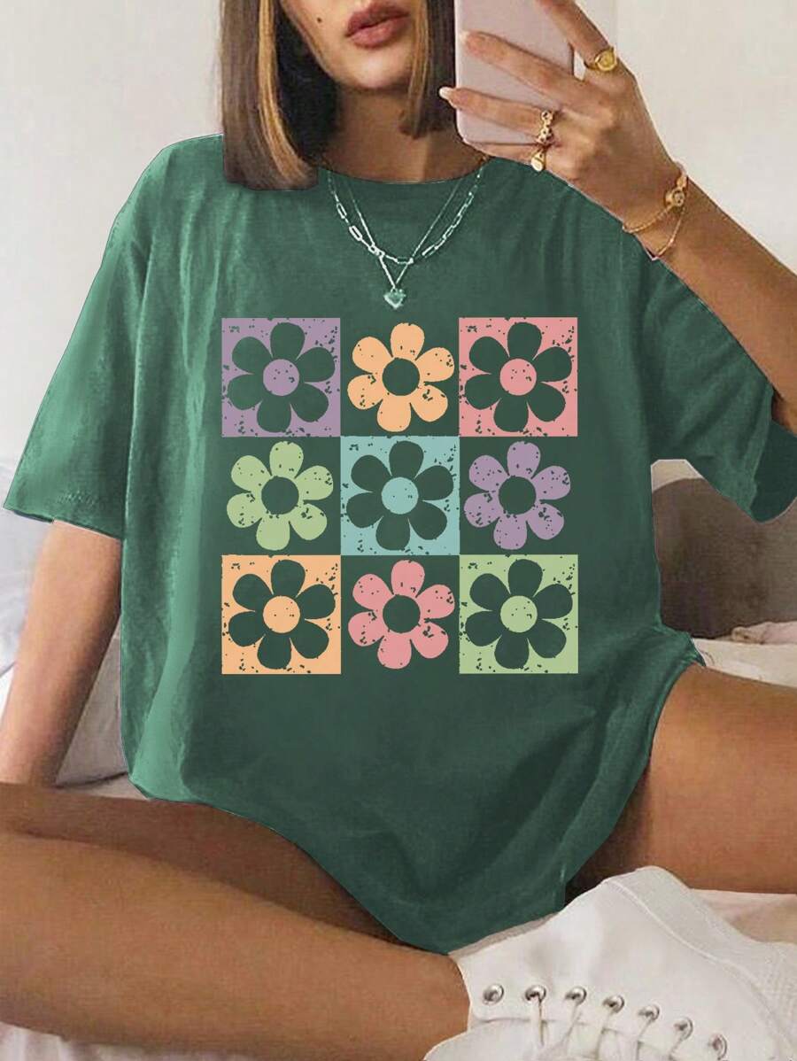 INAWLY Women's Floral Printed Loose Short Sleeve T-Shirt