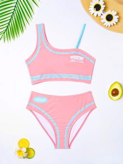 Teen Girl 2 chiếc cổ áo bất đối xứng in chữ thể thao Bộ bikini đi biển mùa hè
