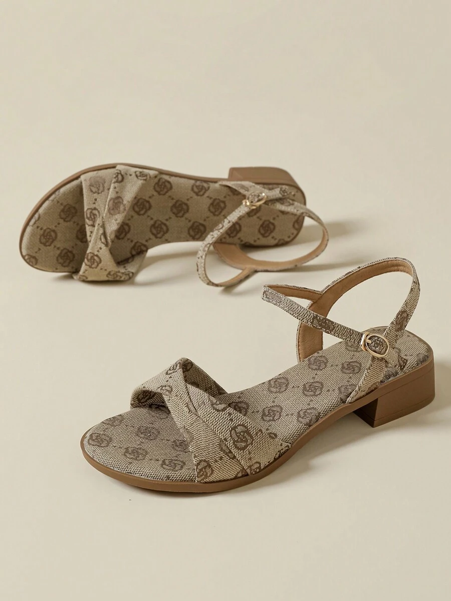 中跟雲紋褶皺交叉帶扣涼鞋,舒適開口式防滑海灘鞋,懷舊花卉印花布料,女士厚底跟,夏季新品到貨 - 咖啡棕 - 查看 1