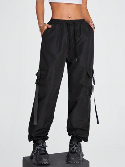 Black Flap Pocket Buckle Cargo Pants