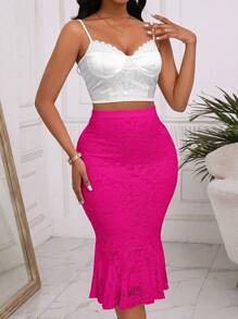SHEIN Clasi Falda De Sirena De Encaje Para Mujer - Rosa Fucsia - Ver 5