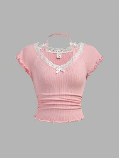 SHEIN Girlism Débardeur tricoté avec détails en dentelle pour adolescente, t-shirt à manches courtes 2 en 1 avec col ras-du-cou, convient pour l'été