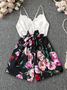 SHEIN Holidaya 大尺碼蕾絲混搭花卉印花優雅綁帶背心吊帶連身褲,設有後背開口 - 彩色 - 查看 2