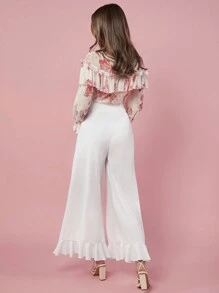 Enchnt Women's Fashionable Bowknot Summer Spring Elegant Romantic Wide Leg Pants With Ruffled Hem - White - View 2