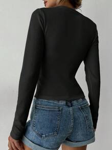 EURMUSE Women's Love Heart Embroidered Ribbed Long Sleeve Tee - Black - View 2