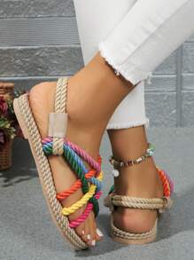 Women's Flat Rainbow Color Casual Sandals With Woven Rope Soles, Summer