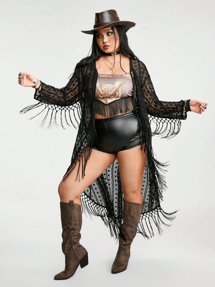 Plus Size Sexy Casual Loose Fit Black Cardigan With Western Hollow Out Lace Mesh And Tassel Trims