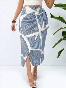 SHEIN LUNE Váy in họa tiết bất đối xứng cỡ lớn dành cho nữ có chi tiết thắt nút bên hông - Màu xanh lam - Xem 3