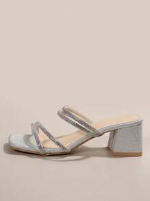 Black Square Toe Thick Heel Sandals For Women, Fashionable French Rhinestone High Heels, Suitable For Summer & Autumn Valentines