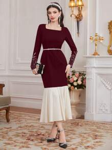 Modelyn Burgundy Red Women Color Block Patchwork Diamond Decorated Fish Tail Dress - Burgundy - View 5