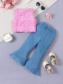 SHEIN Young Girl Music Festival Y2K Cool Street Party Iridescent Tank Top And Heart Flared Pants Set - Multicolor - View 2