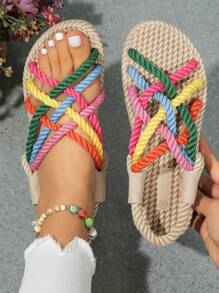 Women's Flat Rainbow Color Casual Sandals With Woven Rope Soles, Summer