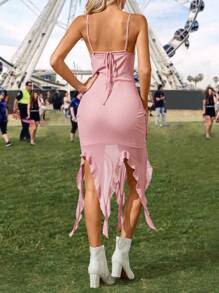 Chiquease Asymmetrical Ruffle Hem Split Strap Dress With Package Hips Design, Suitable For Summer