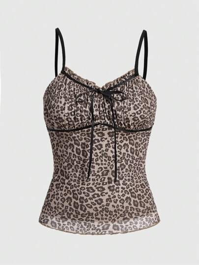 Kawaii Camiseta de tirantes con estampado de leopardo y lazo para el Día de San Valentín, para escuela, estilo "Gyaru" para mujer