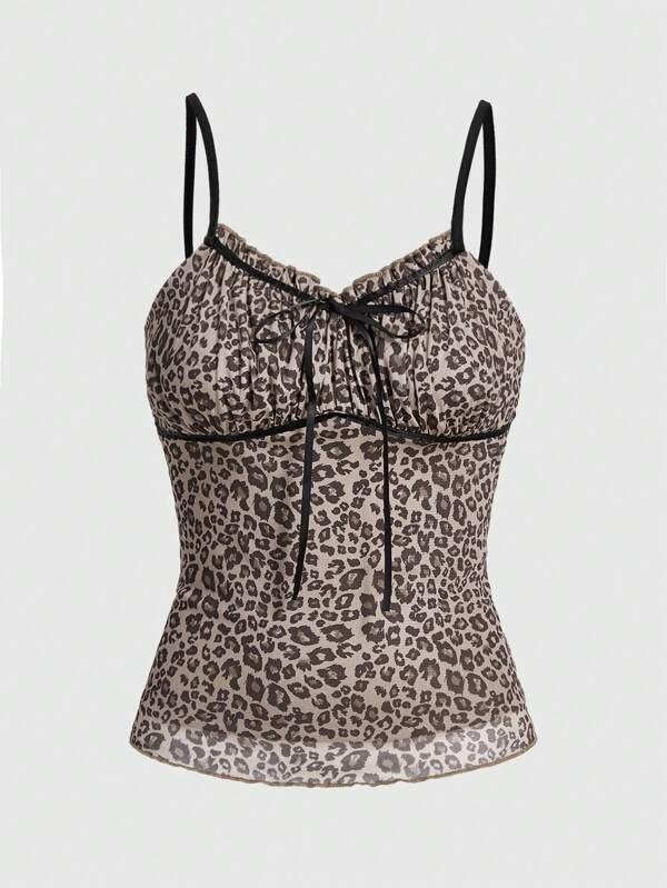 ROMWE Kawaii Women's Gyaru Leopard Print Bowknot Valentine's Day Camisole Top, School