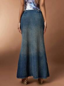 Forever 21 Women's Vintage Washed Denim Pencil Skirt With Mermaid Hem - Blue - View 2
