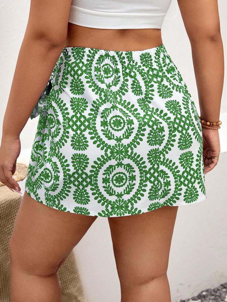 Plus Size Allover Print Knot Side Summer Skirt