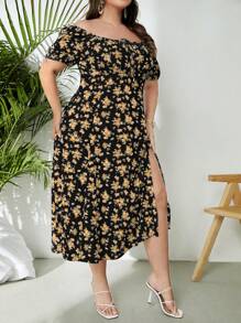 SHEIN VCAY Plus Size Boho Split Hem & Cinched Waist Floral Dress, For Summer - Yellow - View 3