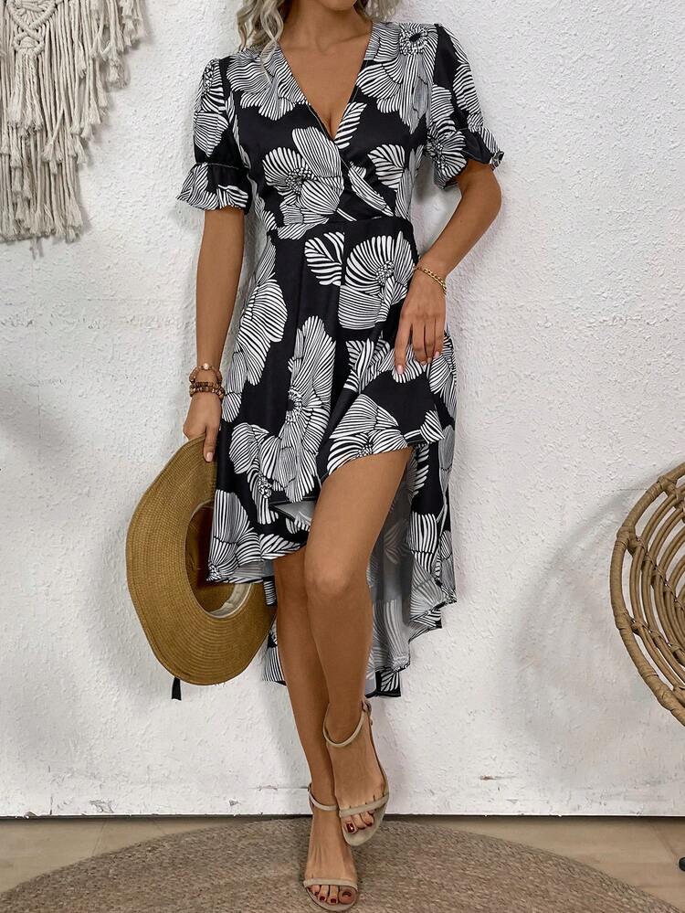 Flower Print High-Low Hem Dress For Summer