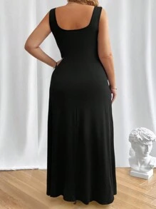 Elenzga Vestido largo de mujer de talla grande con cuello cuadrado y sin mangas en un solo color