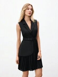 BizChic Đầm không tay xếp ly cổ trơn màu cho nữ, trang phục công sở/làm việc - màu đen - Xem 4